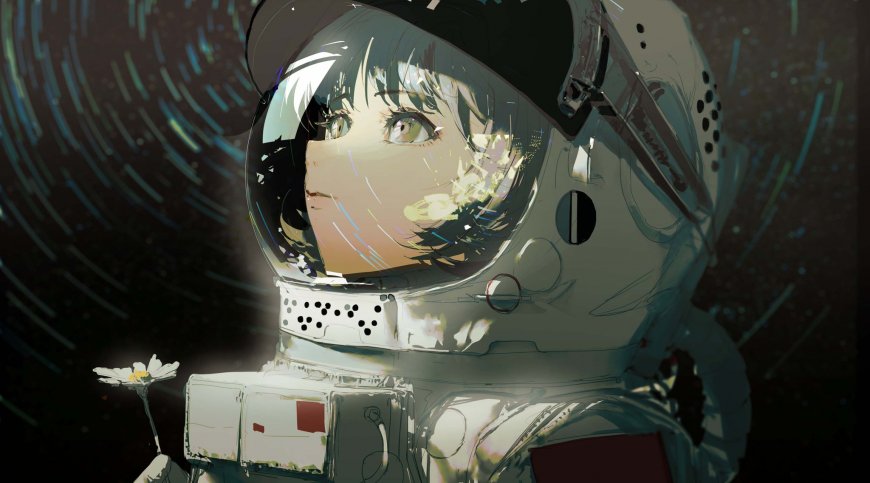 宇航服少女手持雏菊仰望星空动漫少女电脑壁纸