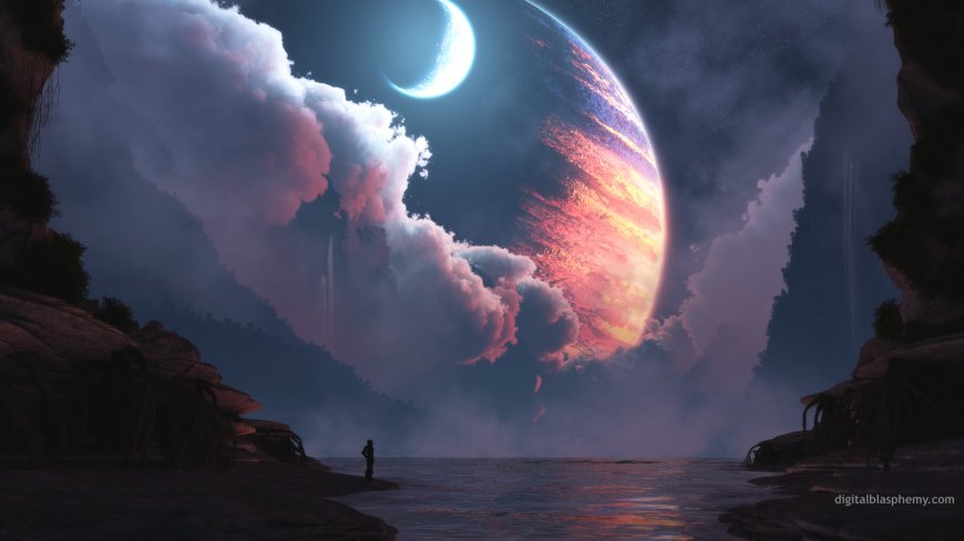 宇航员伫立水边眺望异星巨行星科幻风景电脑壁纸