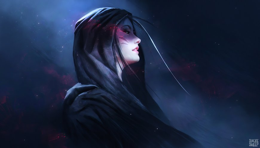 神秘兜帽少女仰望星空侧颜暗黑奇幻风动漫少女电脑壁纸