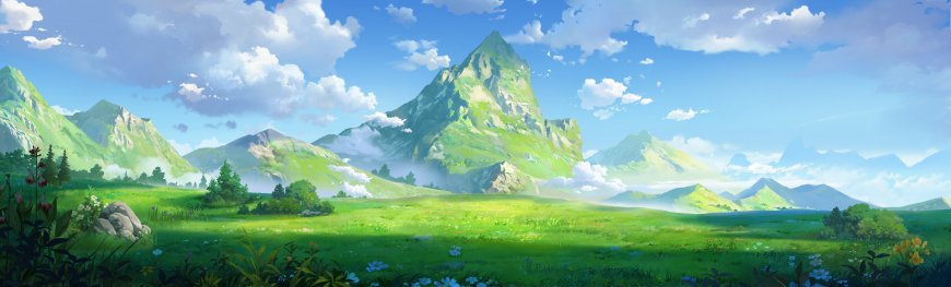 手绘山脉风景绿意草原蓝天云朵动漫风景电脑壁纸