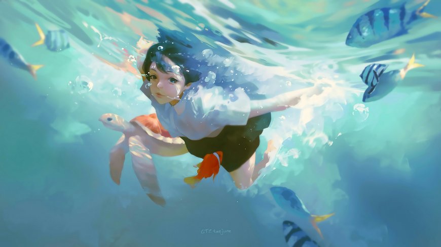 水下女孩与海龟共游治愈插画动漫少女电脑壁纸