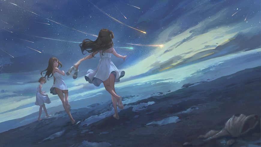 三位少女星空下海边奔跑追逐流星动漫少女电脑壁纸