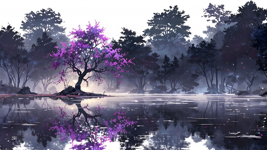 紫樱树湖面倒影动漫风景电脑壁纸