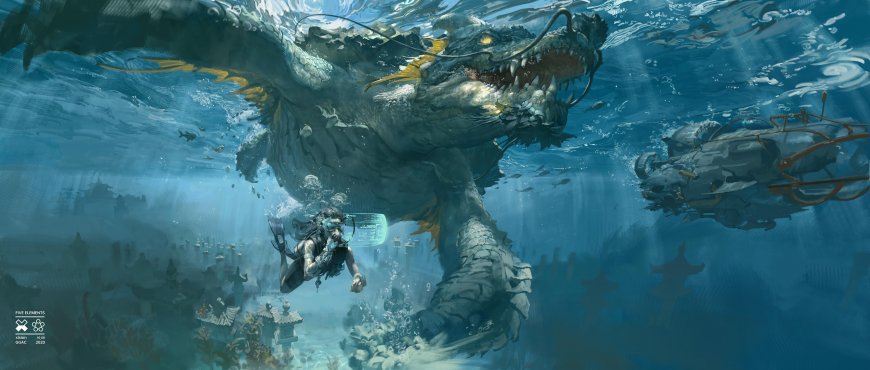 吴俊达创作山海有灵玄武神兽潜水员海底奇幻场景创意电脑壁纸