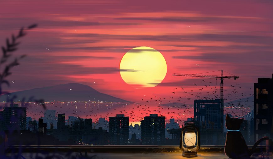 夕阳下的城市剪影与黑猫风景电脑壁纸