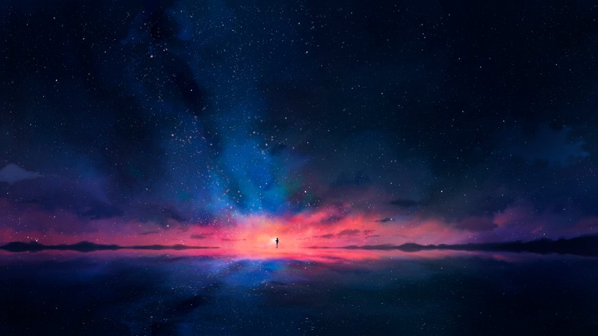 星空下人影伫立水面梦幻风景电脑壁纸