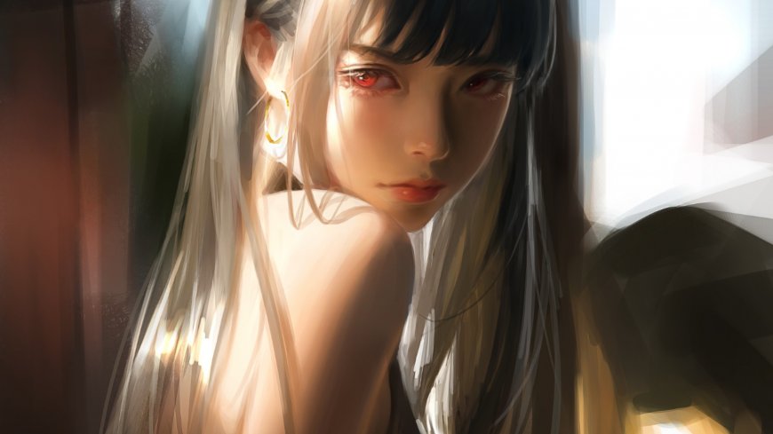银发红瞳少女侧脸光影插画人物电脑壁纸