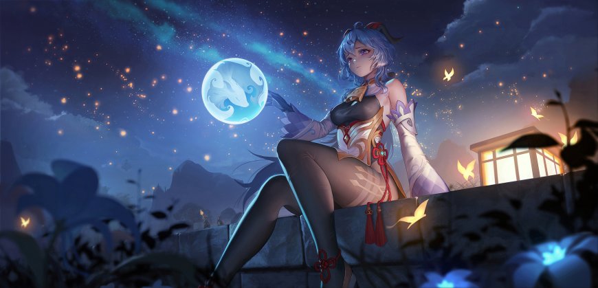 原神甘雨坐于墙头托举发光法球动漫少女电脑壁纸