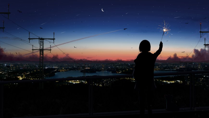 少女持烟花城市夜景星空剪影治愈系动漫少女电脑壁纸