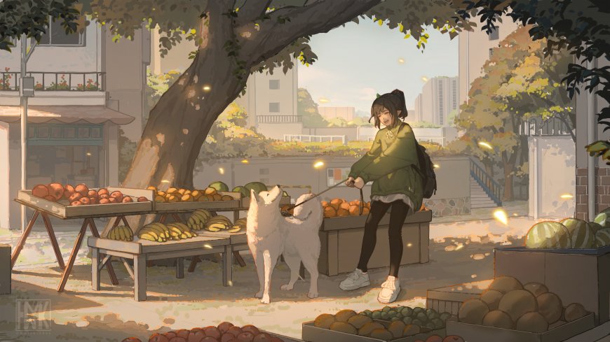 少女与白犬市集闲逛治愈系动漫少女电脑壁纸