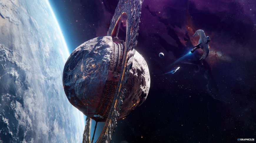 太空环状巨型空间站与飞船科幻场景创意电脑壁纸