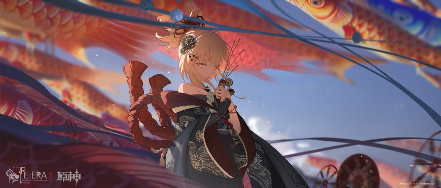 原神角色宵宫和服鲤鱼旗背景动漫少女电脑壁纸