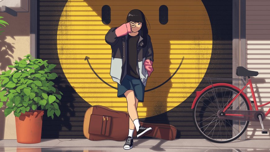 少女与吉他包站在笑脸墙前动漫少女电脑壁纸