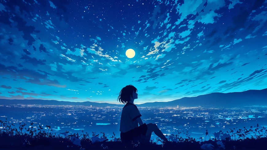 少女剪影仰望星空月亮城市夜景风景插画电脑壁纸