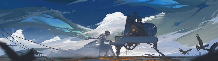 少女弹奏机械钢琴天空云海环绕动漫少女超宽屏电脑壁纸
