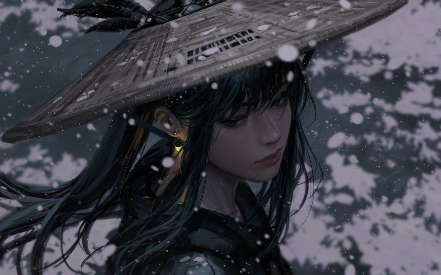 雪中戴斗笠的黑发少女古风人物电脑壁纸