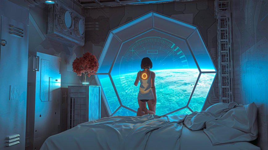 太空舱内少女眺望地球科幻风景电脑壁纸