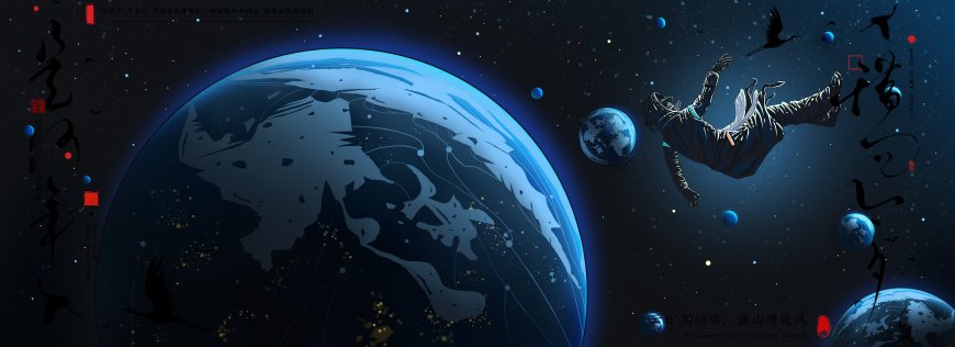 宇航员漂浮宇宙环绕蓝色星球奇幻太空风景电脑壁纸