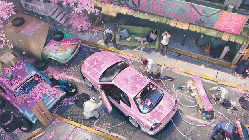 樱花工坊改装粉色汽车日系插画电脑壁纸