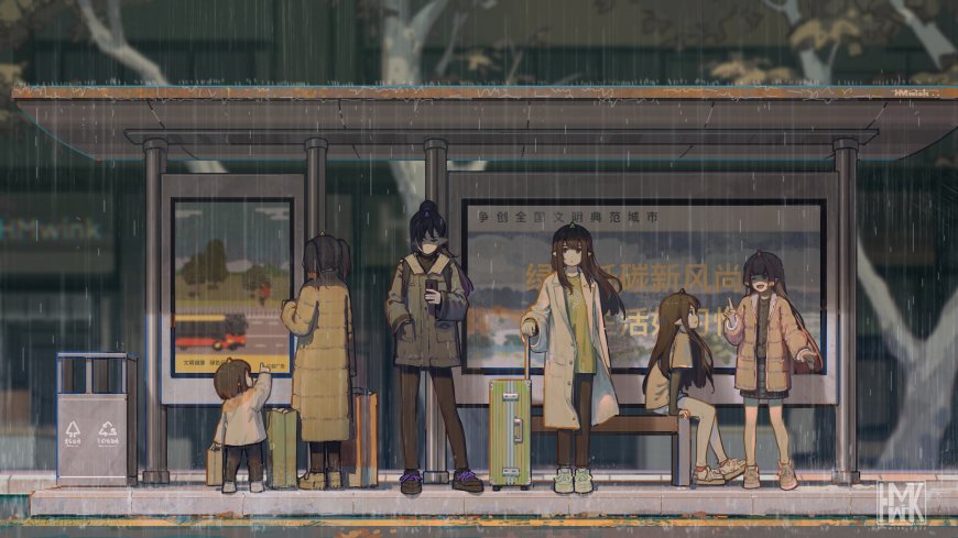 雨中公交站台少女群像日常场景动漫少女电脑壁纸
