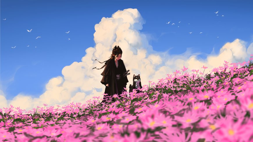 樱花树下武士与犬和风唯美动漫少女电脑壁纸