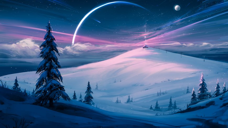 雪夜极光弧光与山顶小屋梦幻风景电脑壁纸
