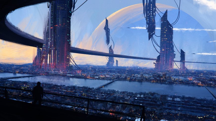 未来都市与巨型行星赛博风风景电脑壁纸