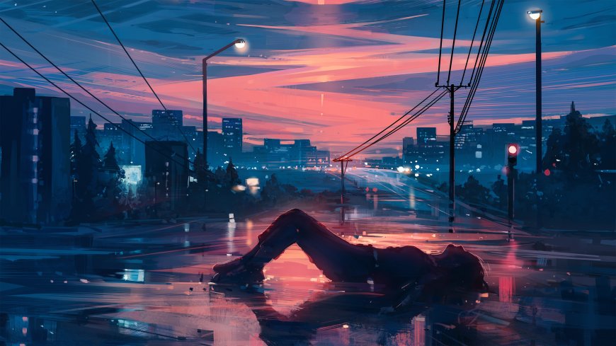 雨后城市街道人物躺卧霓虹夜景动漫风景电脑壁纸
