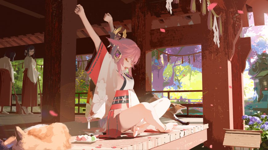 原神八重神子神社休憩动漫电脑壁纸