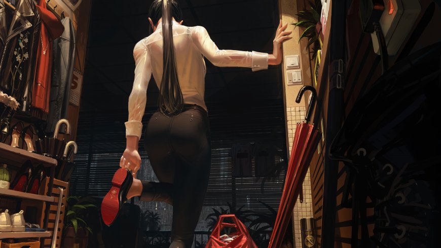 雨夜中长发美女弯腰整理高跟鞋动漫少女电脑壁纸