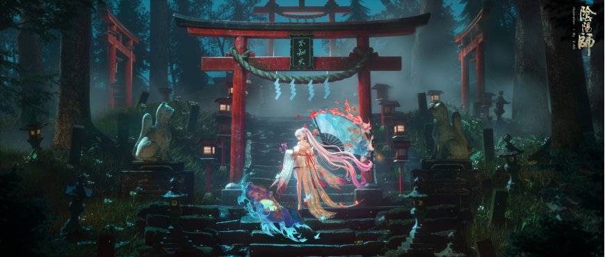 阴阳师不知火和风巫女神社鸟居火焰羽扇动漫少女电脑壁纸