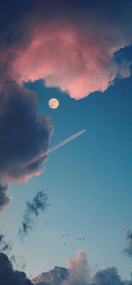 飞机划过粉云月夜星空风景手机壁纸