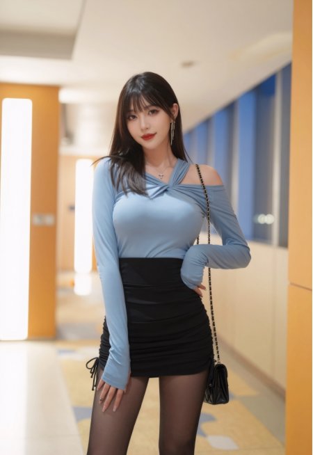 蓝露肩上衣黑裙美女走廊时尚人物手机壁纸