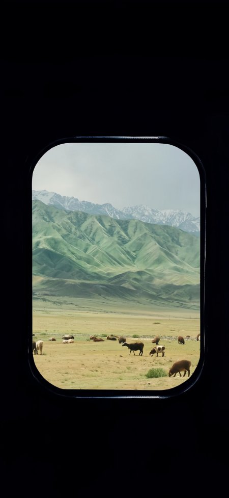 车窗框住草原牛羊与远山风光旅行摄影手机壁纸