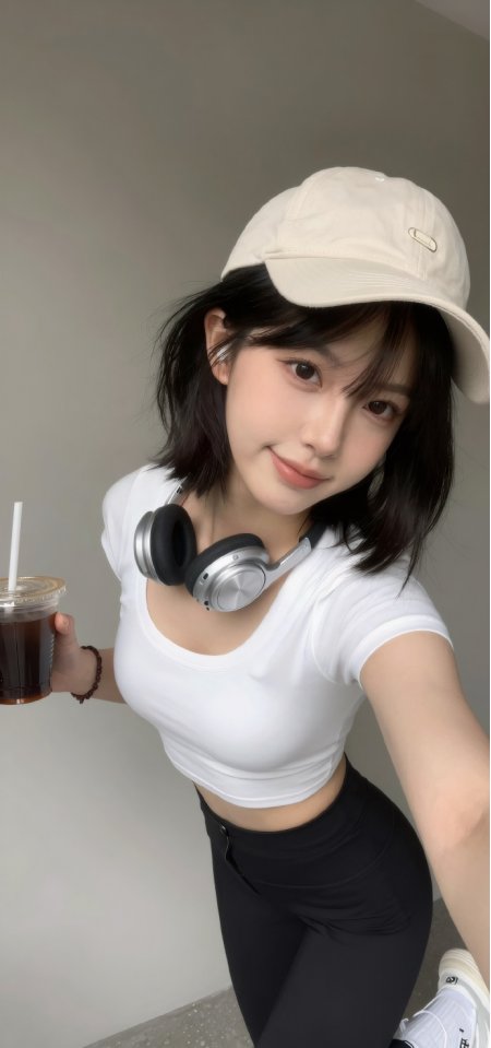 白T恤棒球帽耳机美女手持咖啡人物手机壁纸