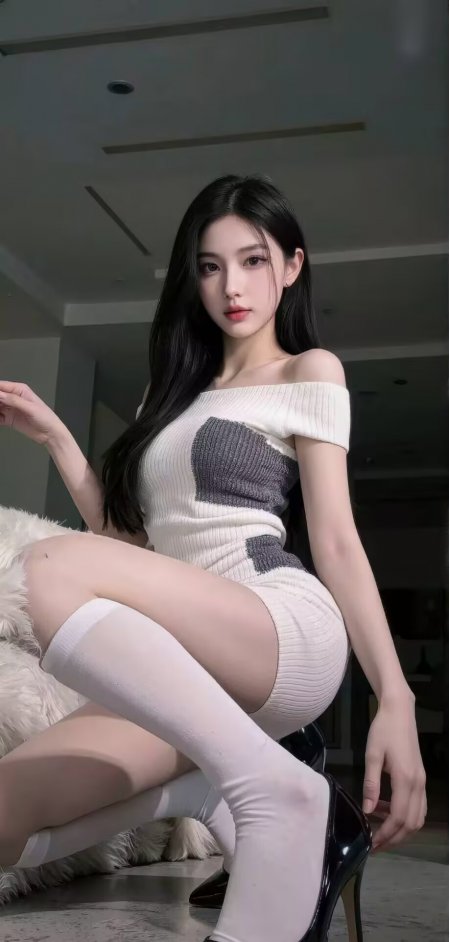 白灰拼接露肩裙白袜美女蹲姿纯欲人物手机壁纸