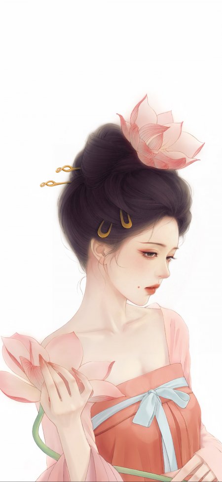 古风少女手持粉色荷花发饰唯美插画手机壁纸