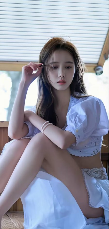 白泡泡袖上衣美女窗边坐姿温柔人物手机壁纸