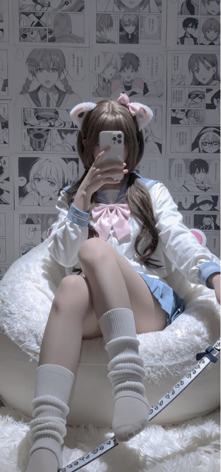 JK制服猫耳少女漫画墙前自拍动漫手机壁纸