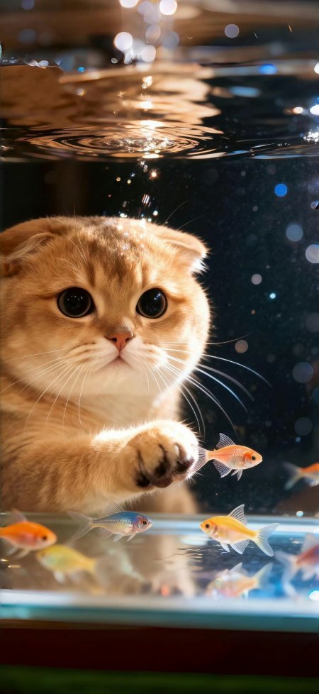 猫咪鱼缸前好奇探头萌宠手机壁纸