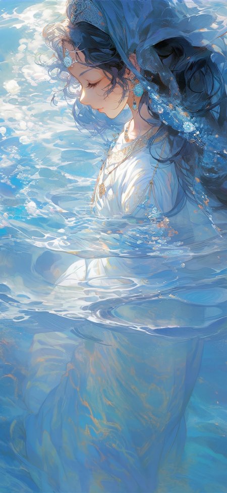 古风少女水中闭目插画手机壁纸