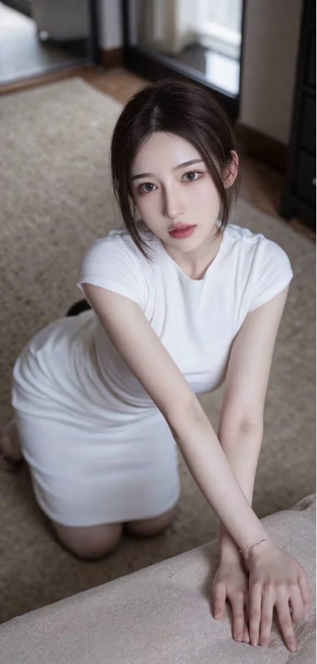 白短袖连衣裙美女地毯跪姿纯欲人物手机壁纸
