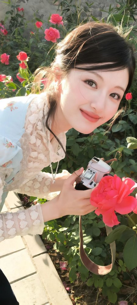 美女花园中手持相机拍花摄影手机壁纸