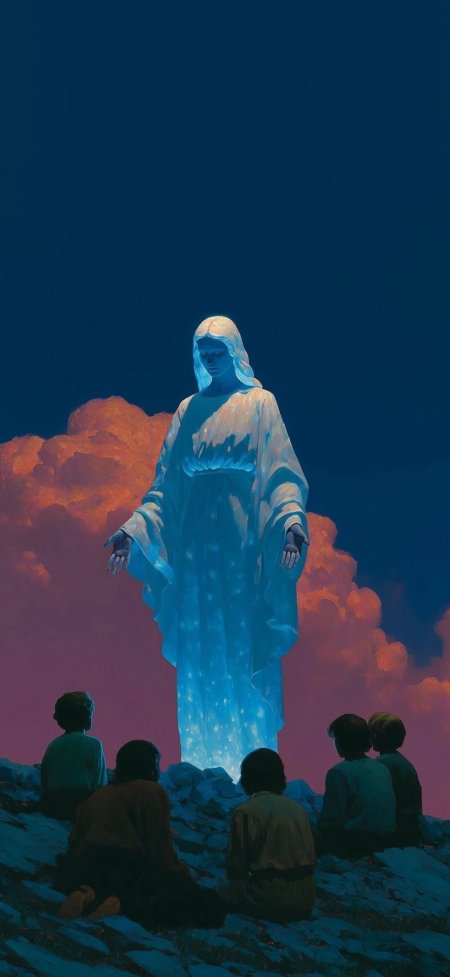 神秘蓝光女性与跪拜人群奇幻场景创意手机壁纸