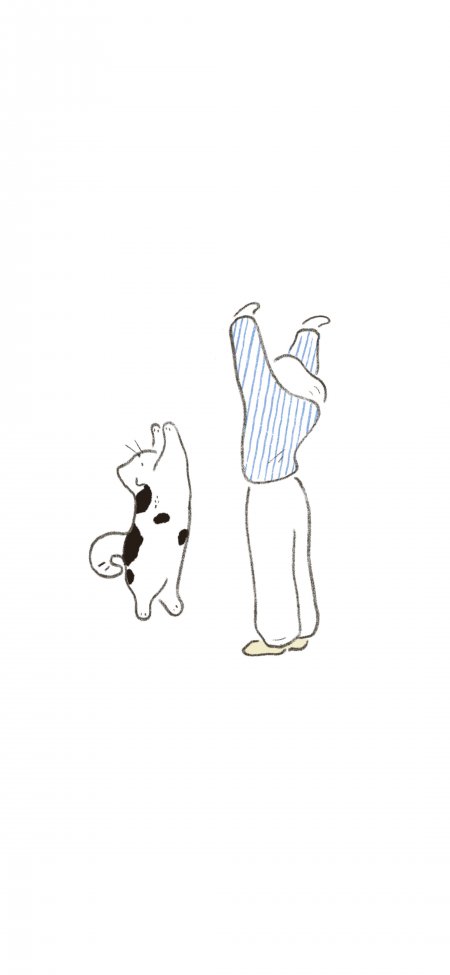 人猫同框蓝白条纹上衣可爱插画动漫手机壁纸