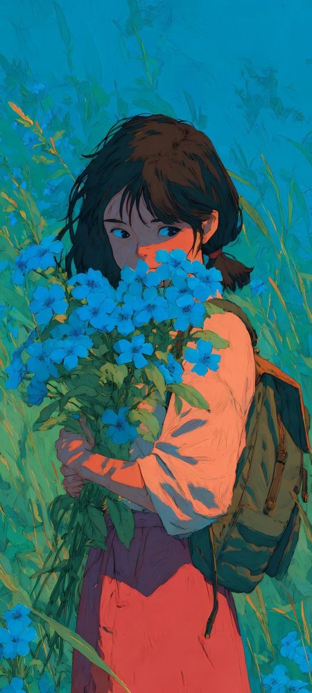 少女怀抱蓝色花束插画动漫手机壁纸