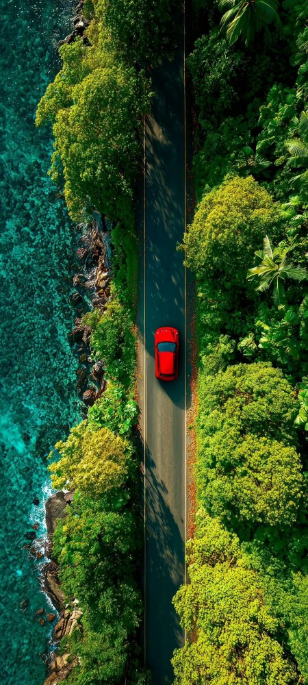 红色跑车行驶在沿海公路风景手机壁纸