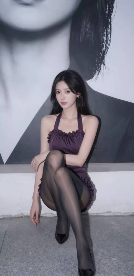 紫吊带裙黑丝美女蹲姿冷艳人物手机壁纸