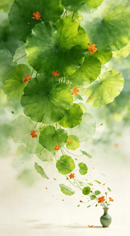 荷叶与橙色小花从青瓷花瓶中飘出创意静物手机壁纸