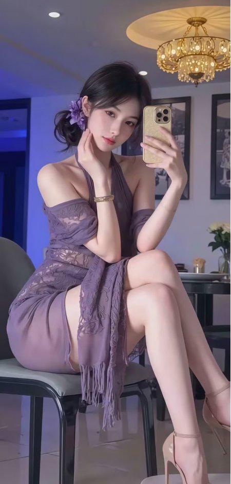 紫蕾丝挂脖裙美女持镜自拍优雅人物手机壁纸